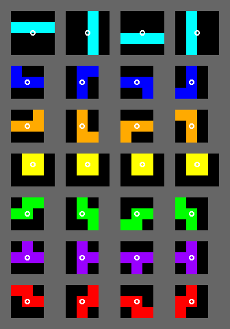 Shows all tetris pieces and where the center point is.